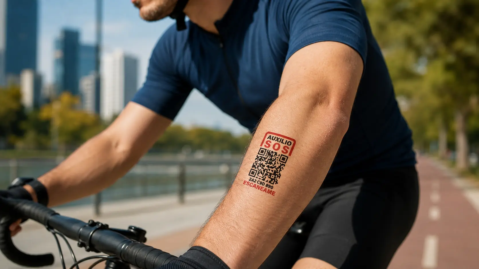 Tatuaje temporal Auxilio SOS con QR para ciclista